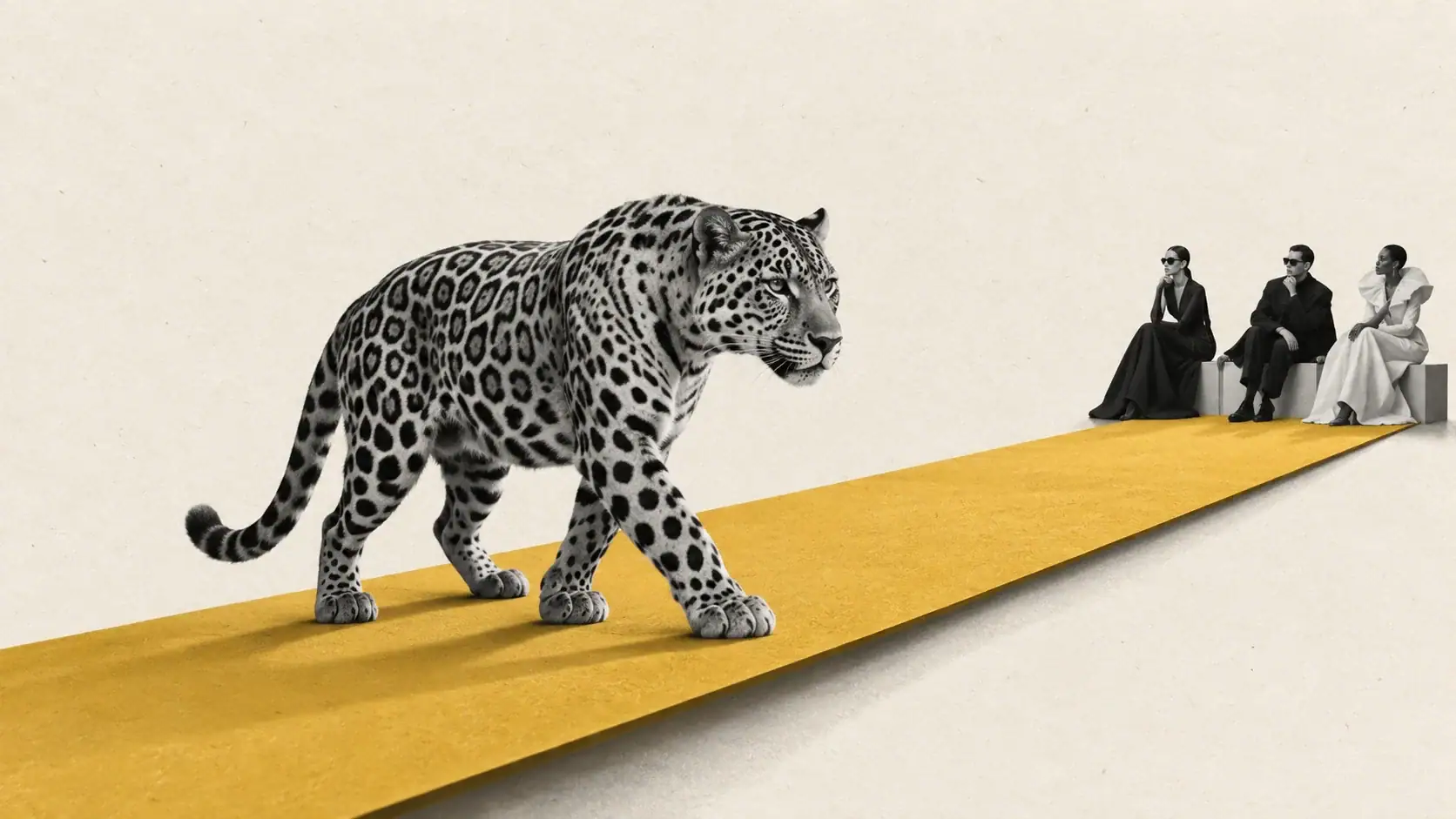 Editorial collage of a jaguar walking on a mustard paper catwalk toward three fashion spectators.