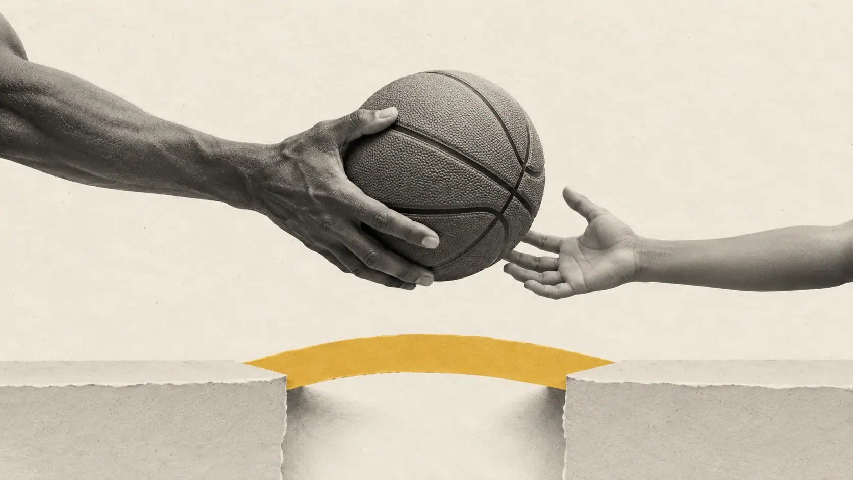 Editorial collage of an adult passing a basketball to a young person above a mustard paper bridge.