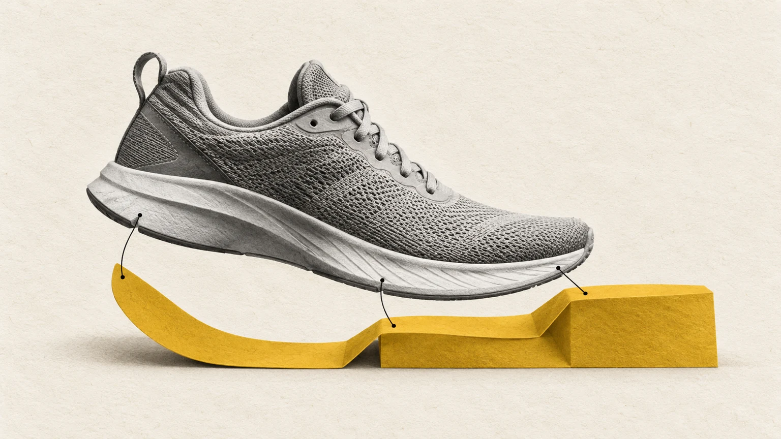 Editorial illustration of a grayscale sneaker connected to a mustard sole adapting to stepped terrain