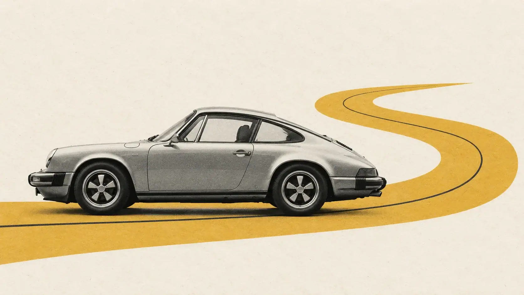 Editorial collage of a classic sports coupe with a mustard paper racetrack on an ivory background.
