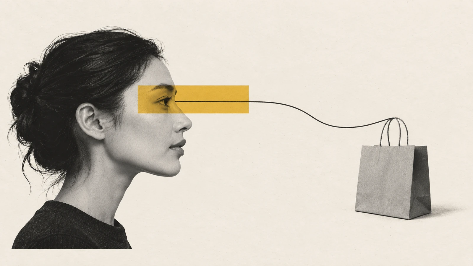 A grayscale profile with a mustard band across the eye connects by a thin line to a shopping bag.