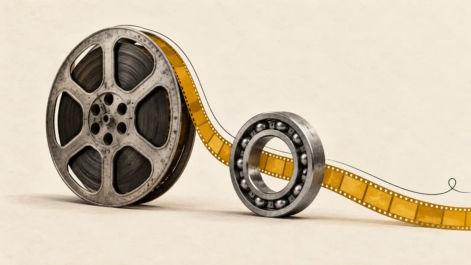 Editorial illustration of mustard film passing from an antique movie reel through an industrial bearing
